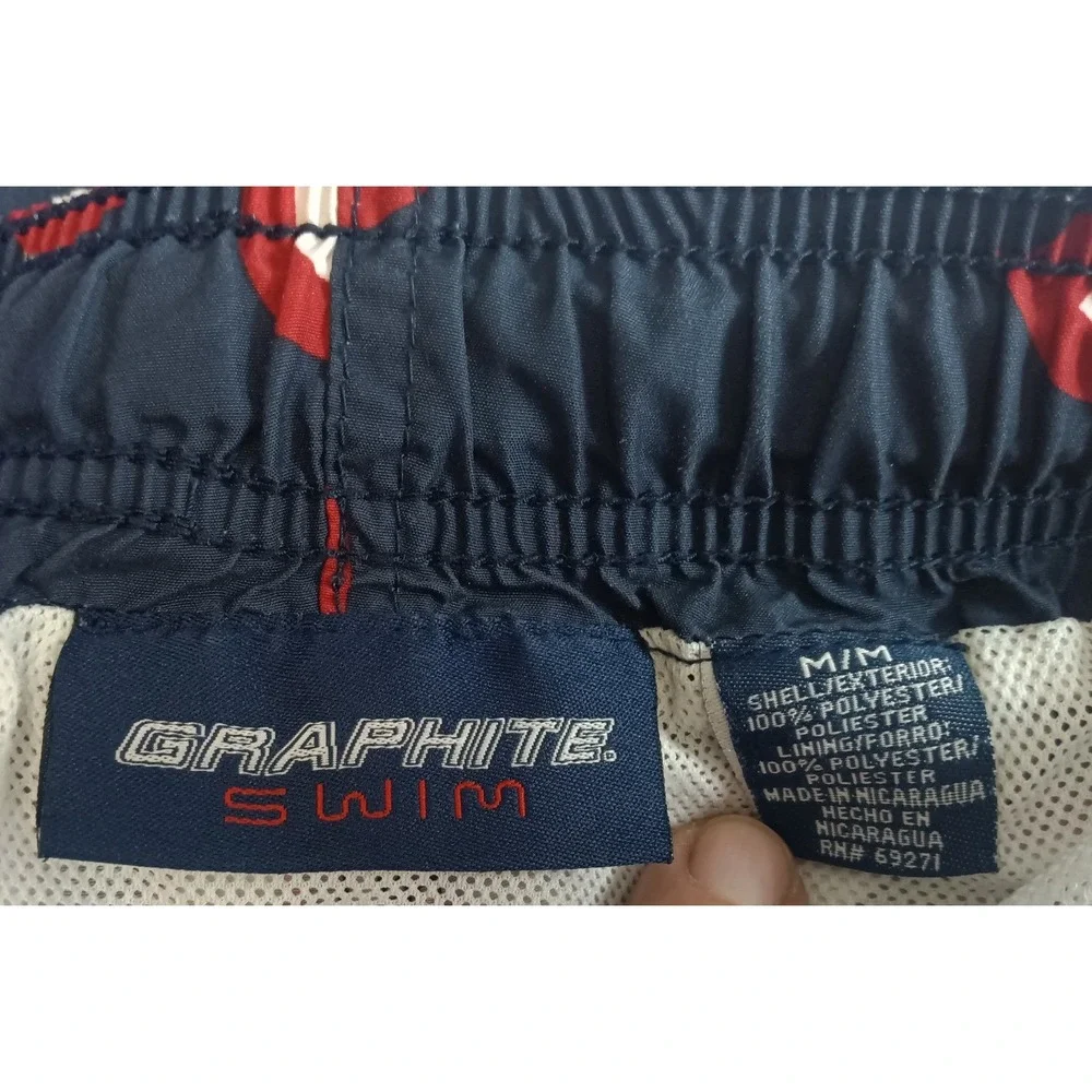Graphite Swim Mens Hibiscus Floral Board Shorts Navy Blue Red White Size Medium